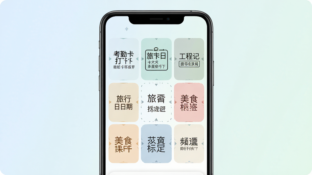 开心水印相机水印模板选择界面,手机屏幕展示九宫格排列的多种水印样式,包括考勤打卡、工程记录、旅行日期、美食标签等,背景为浅色渐变,界面干净整洁,风格现代简约,细节清晰,画质高清,无多余元素
