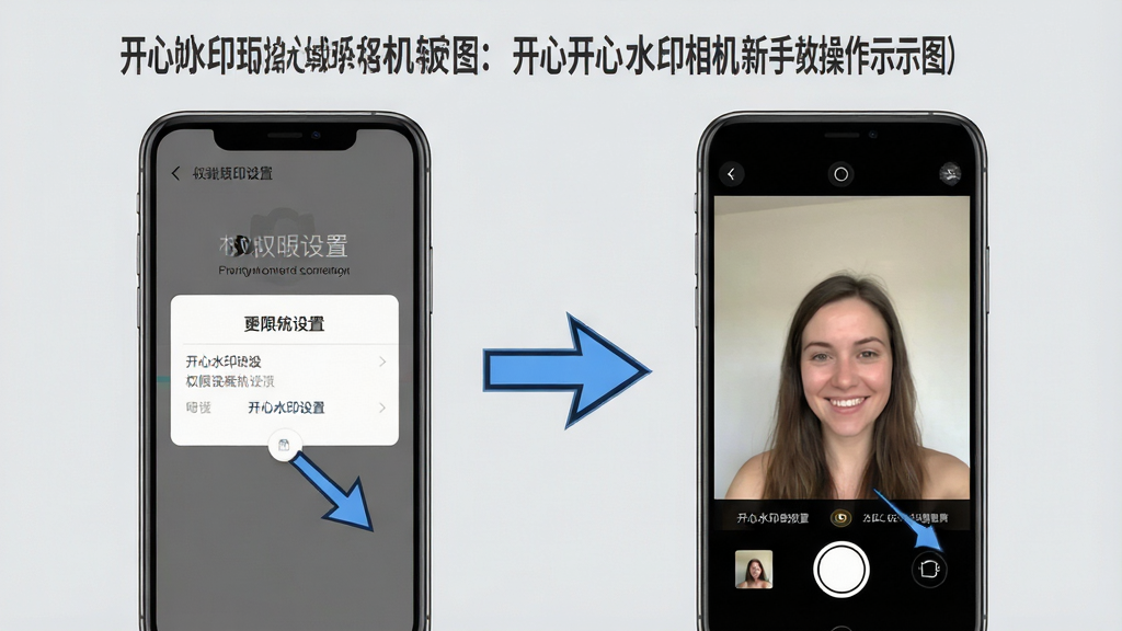 开心水印相机新手操作示意图,手机屏幕显示权限设置页面和拍照界面,画面中有清晰的箭头指引,背景为浅灰色,风格简洁明了,细节清晰,画质高清,无多余元素