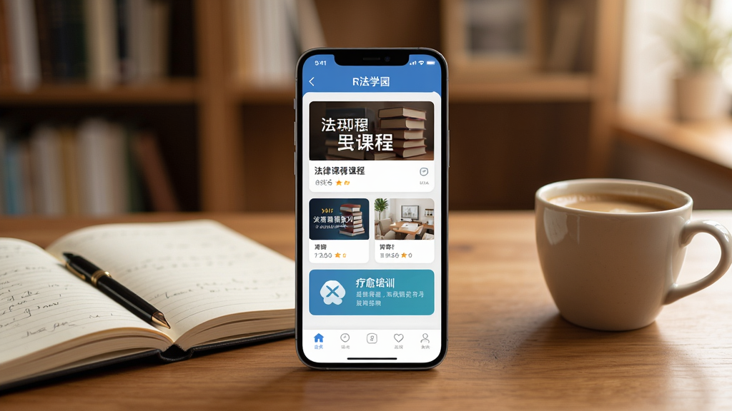 一张展示手机屏幕的图片,屏幕上显示R法学园应用的主界面,界面包含法律课程卡片和疗愈培训入口,手机放置在木质桌面上,旁边有一本翻开的笔记本和一杯咖啡,背景是温暖的书房环境,整体布局居中,风格写实清新,细节丰富,画质高清,干净,无多余元素