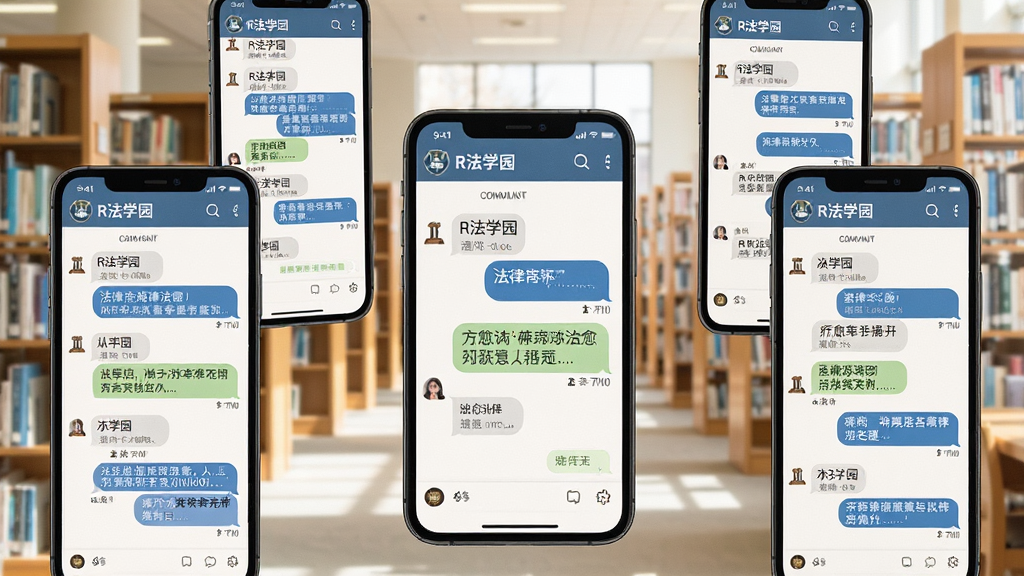 一张表现在线社区交流的图片,画面中多部手机屏幕显示R法学园的社区讨论界面,对话气泡中有法律术语和疗愈相关词汇,背景是明亮的图书馆场景,布局采用拼贴风格,风格现代简约,细节丰富,画质高清,干净,无多余元素