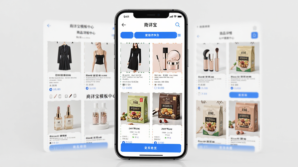 商详宝模板中心界面,手机屏幕展示多个商品详情模板缩略图整齐排列,模板风格多样包含服饰、美妆、食品等品类,画面中带有商详宝字样,界面清爽,白色背景搭配蓝色高亮按钮,扁平化设计,高清画质,干净无杂乱元素