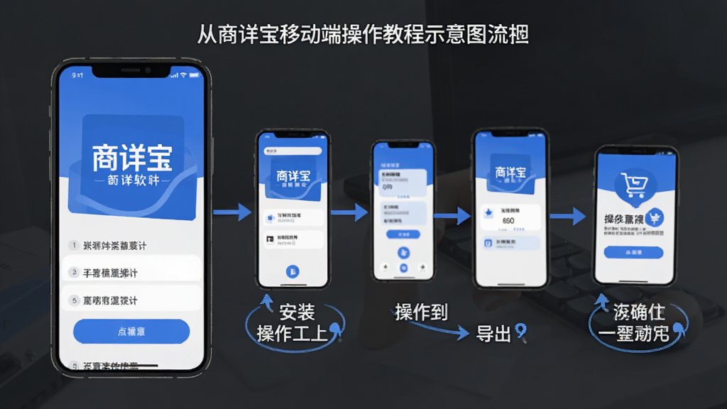 商详宝移动端操作教程示意图,手机屏幕展示从安装到导出的完整流程步骤,画面中包含商详宝软件名称,分步骤标注操作要点,蓝色与白色配色,简洁明了的扁平化风格,高清画质,适合新手学习参考