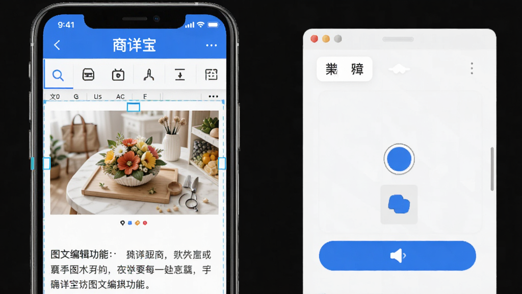 商详宝图文编辑功能展示,手机界面呈现文字编辑工具栏与图片调整面板,画面中有商品图片和文字内容正在编辑,软件名称商详宝显示在顶部标题栏,蓝色主题色,界面布局清晰,操作按钮醒目,高清画质,干净简洁