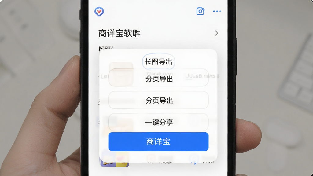 商详宝导出分享界面,手机屏幕显示导出格式选择弹窗,包含长图导出、分页导出、一键分享等选项,画面中有商详宝软件名称,蓝色按钮高亮,界面简洁明快,白色背景,高清画质,无多余装饰