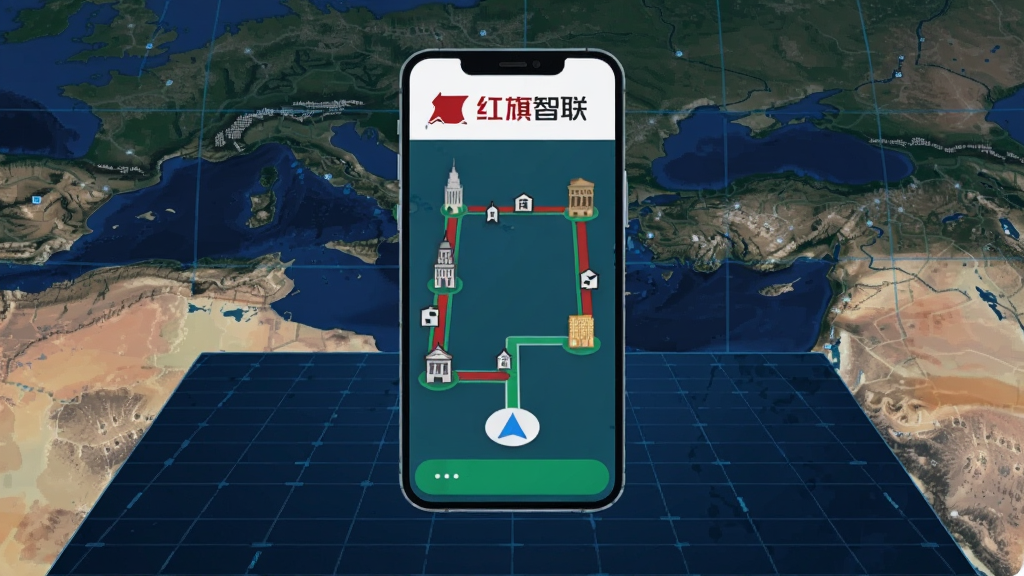 一张带有红旗智联标志的智能手机悬浮在深蓝色数字地图网格上方,手机屏幕显示导航路线,路线由红色和绿色线条组成,连接城市地标建筑。背景是抽象的卫星地图纹理,风格为扁平化科技插画,排版居中,细节清晰,画质干净,无多余元素。