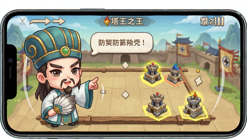 画面展示手机屏幕上的塔王之王游戏新手引导界面,主体为Q版诸葛亮正在指点玩家布阵,布局为竖屏手游界面,风格为卡通三国风,细节包括箭头指引、文字气泡、防御塔建造高亮提示,画质清晰,干净,无多余元素