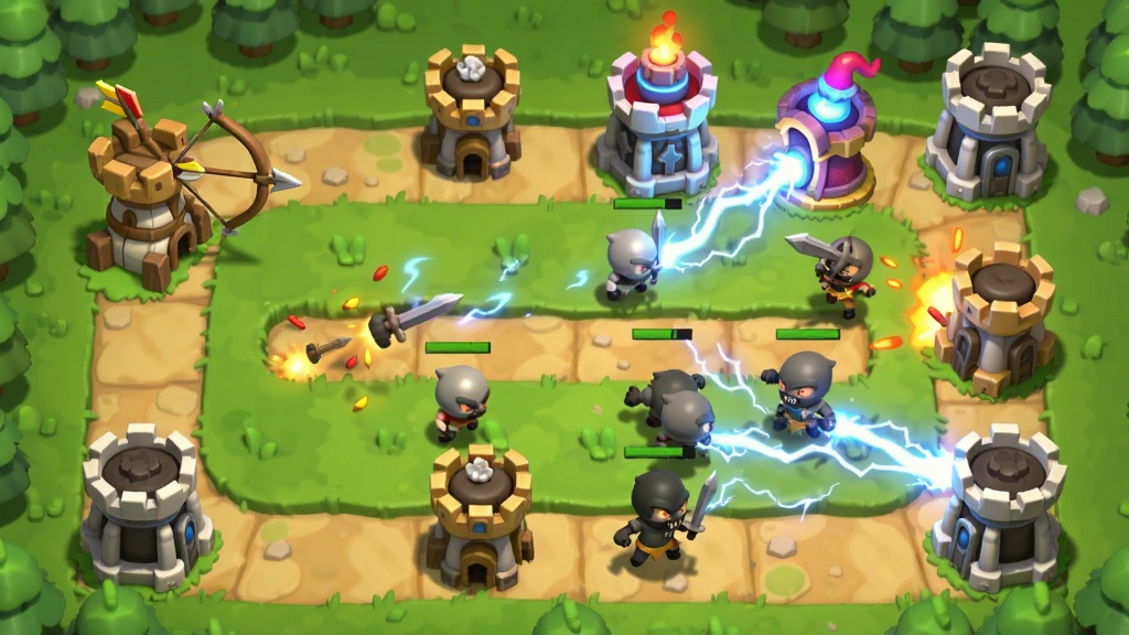 画面展示塔防游戏战斗布阵场景,主体为蜿蜒的进攻路线和分布在路旁的多种防御塔,布局为俯视角地图,风格为Q版卡通,细节包括箭塔正在射箭、法师塔释放闪电、敌人被击退的特效,画质精美,干净,无多余元素