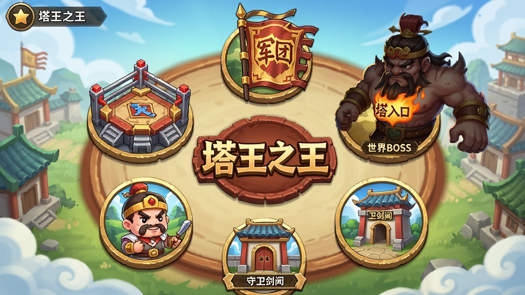 画面展示塔王之王游戏内的多种玩法入口界面,主体为Q版风格的活动图标,布局为环形排列,风格为热闹的三国主题,细节包括竞技场擂台、军团旗帜、世界BOSS巨大身影、守卫剑阁关卡图标,画质清晰,干净,无多余元素