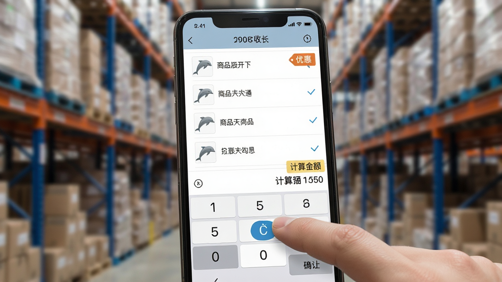 双海豚批发通开单收银界面特写,画面中央是手机屏幕显示商品勾选列表与结算金额,手指正在点击确认收款按钮,背景为虚化的仓库货架,主体突出屏幕与手指动作,布局紧凑,风格现代商务,细节包含数字键盘与优惠标签,画质清晰干净,无多余装饰