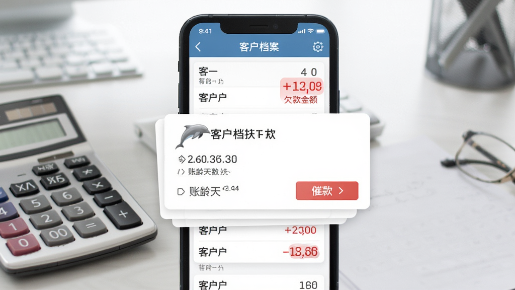 双海豚批发通客户欠款管理界面,画面中央手机屏幕显示客户列表与欠款金额红色标注,背景是办公桌与计算器,主体突出客户档案卡片,布局清晰分栏,风格简约务实,细节包含账龄天数与催款按钮,画质明亮干净