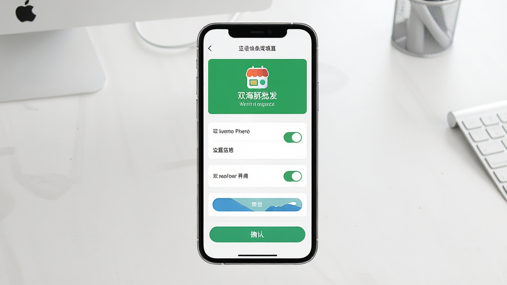 双海豚批发通安装设置引导界面,画面中央手机屏幕显示权限开启与店铺信息填写页面,背景为干净桌面,主体突出设置选项与开关按钮,布局纵向列表,风格简洁引导式,细节包含店铺图标与确认按钮,画质清晰无多余元素