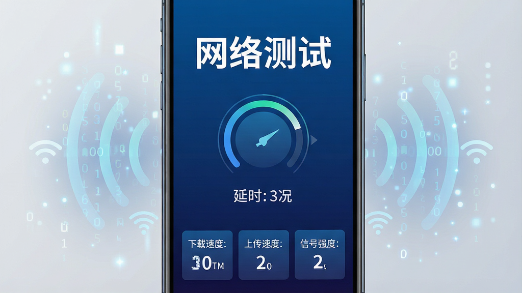 一张展示智能手机屏幕的图片,屏幕中央显示网络测试软件的主界面,界面采用深蓝色渐变背景,顶部有醒目的