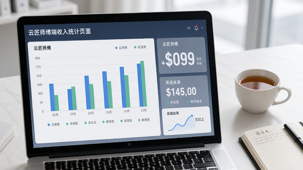 云匠师傅端收入统计页面截图,屏幕上显示柱状图和数字金额,旁边有一杯茶和一本记事本,桌面整洁,光线柔和,风格商务简约,画质高清,干净无多余元素