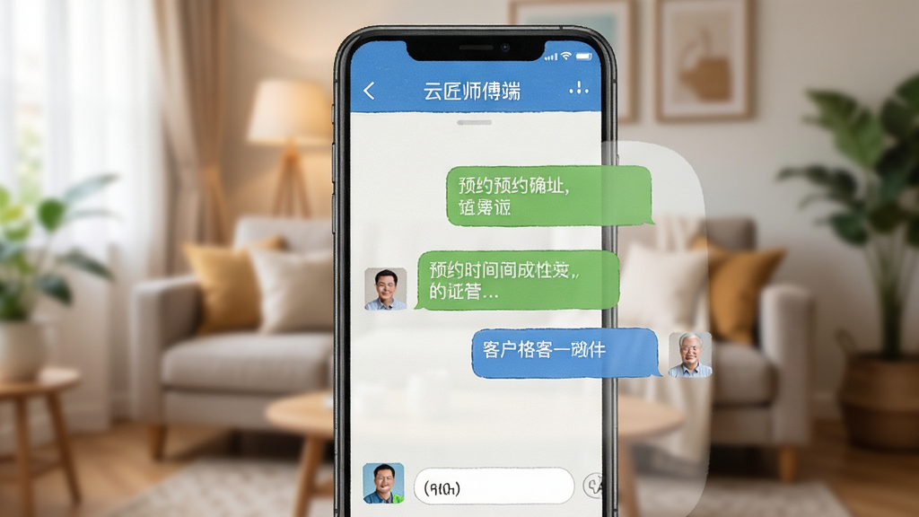 云匠师傅端聊天界面展示,手机屏幕上显示师傅与客户的对话气泡,内容涉及预约时间和地址确认,背景是模糊的客厅场景,风格写实温馨,画质清晰,干净无多余元素