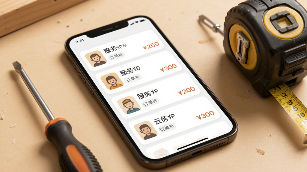 云匠师傅端应用界面特写,屏幕上显示多个订单卡片以列表形式排列,每个卡片包含服务类型图标和价格标签,手机旁边放着一把螺丝刀和卷尺,整体色调温暖,风格简洁现代,画质清晰,干净无多余元素