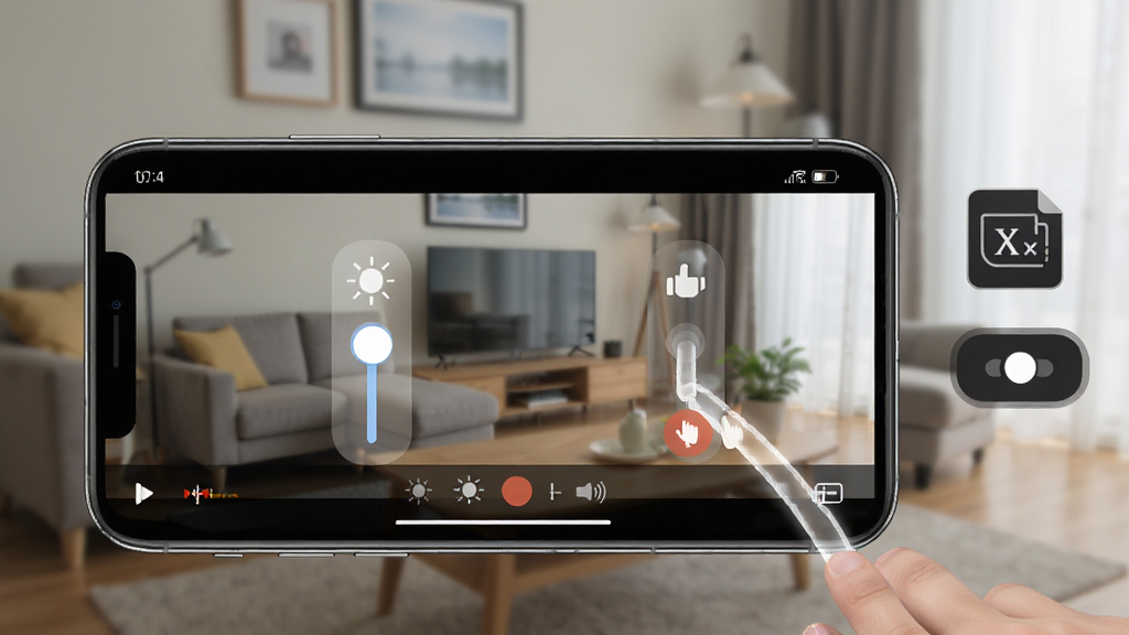 Qvideo �ƶ��˲���ʾ��ͼ������չʾһ���ֻ�����������Ƶ����Ļ������ָ�����������Ⱥ������İ�͸��ָʾ���������ǿ����������ֻ��Ա�����Ļ�ļ�ͼ�����Ƶ����л���ť�����Ϊдʵ��Ʒʹ�ó�����ϸ�ڰ��������� UI �ؼ������ƹ켣�ߣ����ʸ��壬�ɾ����޶���Ԫ��