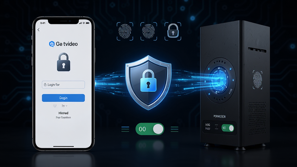 Qvideo ��˽��ȫ����չʾͼ�����������һ���ֻ���ʾ��¼����ͼ�����ͼ�꣬�Ҳ���һ̨ NAS �豸������ɫ����������ֻ����м��ж�����״�İ�ȫ��ʶ������Ϊ��ɫ�Ƽ���񣬲��ֶԳƣ�ϸ�ڰ���ָ��ʶ��ͼ�ꡢȨ�޿��ذ�ť�����ʸ��壬�ɾ����޶���Ԫ��