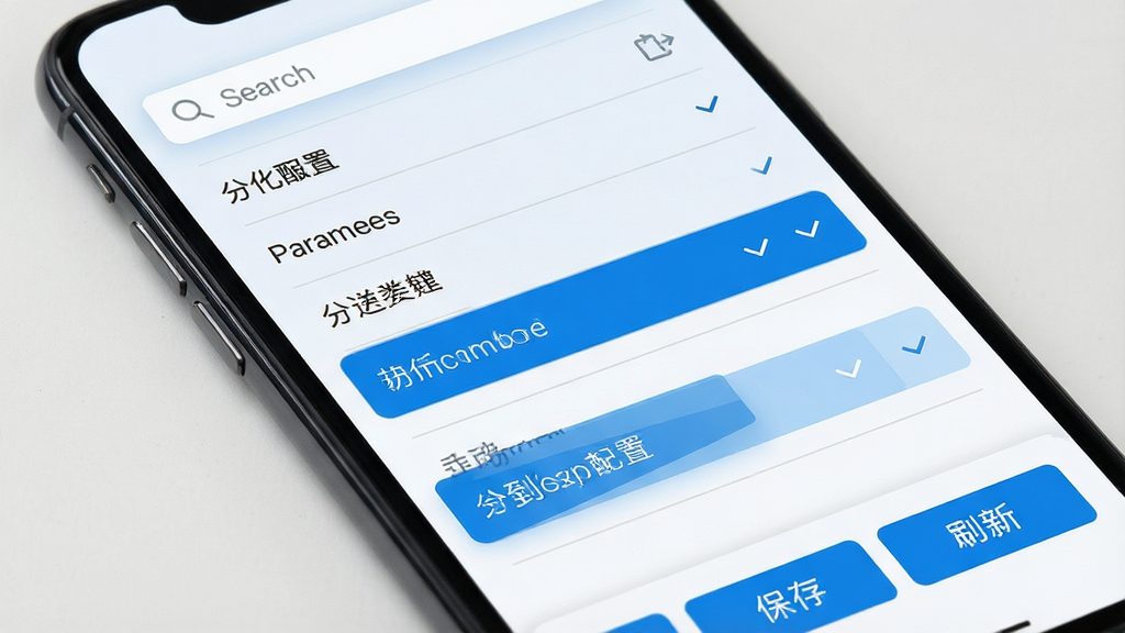 一张展示多功能参数配置软件参数列表界面的手机截图,画面中手机屏幕显示分组折叠的参数列表,每组带有标签和展开箭头,顶部有搜索框,底部有保存与刷新按钮,配色为浅色背景搭配蓝色高亮,风格为清爽的移动端UI设计,细节包括列表分隔线、选中状态的高亮色块与文字层级,画质高清,干净无多余元素