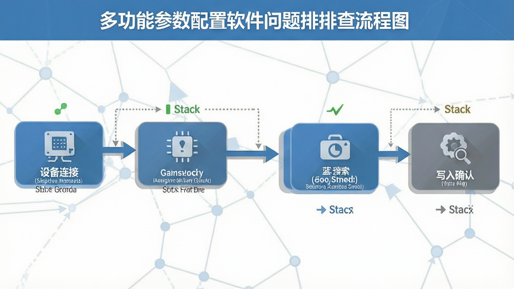 一张展示多功能参数配置软件问题排查流程的示意图,画面以流程图形式呈现,从设备连接开始,经过权限检查、蓝牙搜索、参数读取、写入确认等步骤,每个步骤用圆角矩形框表示,配有简洁图标,配色为蓝灰搭配,风格为扁平化信息图,细节包括箭头连接线、状态标识与文字标签,画质高清,干净无多余元素