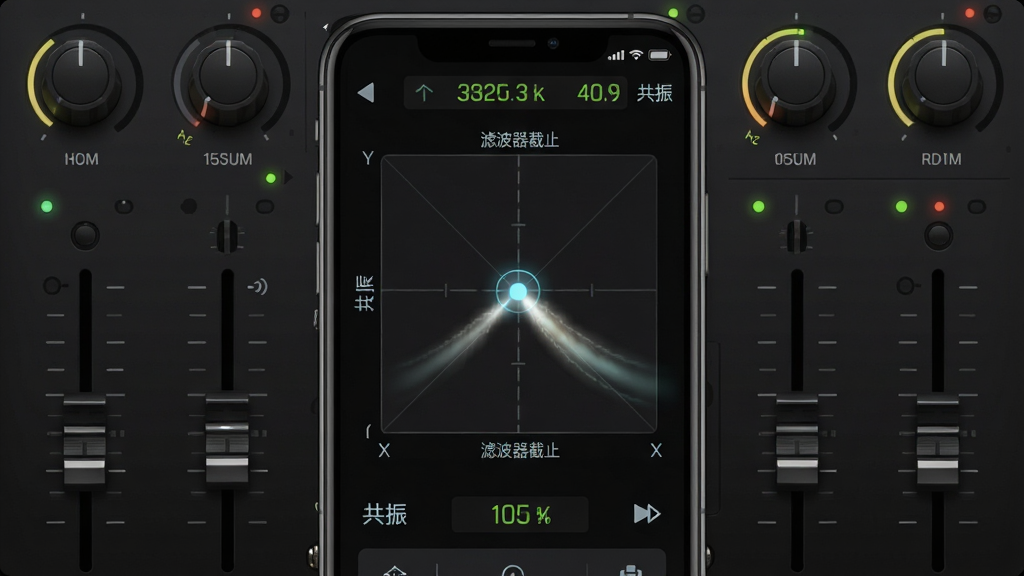 一幅展示音频效果器调节界面的图片。主体是手机屏幕上的XY触控板,X轴标注“滤波器截止”,Y轴标注“共振”,触控点有发光拖尾。周围环绕着旋钮和推子控件。布局为手机界面居中。风格为暗色专业音频界面,细节包括参数数值显示、旋钮刻度、发光指示灯。画质高清,干净无多余元素。