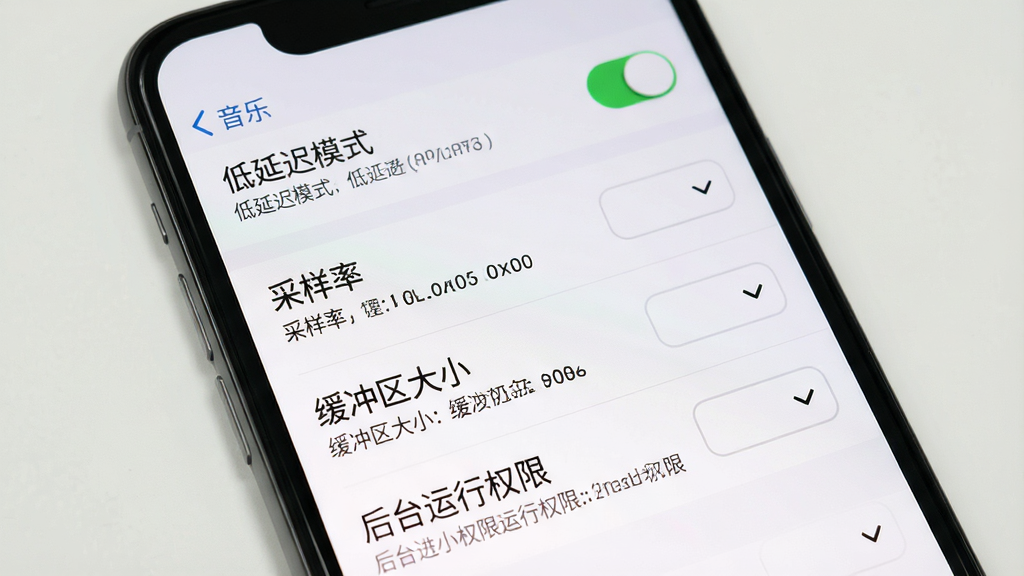 一幅展示手机音乐应用设置界面的图片。主体是手机屏幕上的设置菜单,选项包括“低延迟模式”“采样率”“缓冲区大小”“后台运行权限”。布局为手机界面截图。风格为简洁列表式设计,细节包括开关按钮、下拉菜单、说明文字。画质清晰,干净无多余元素。