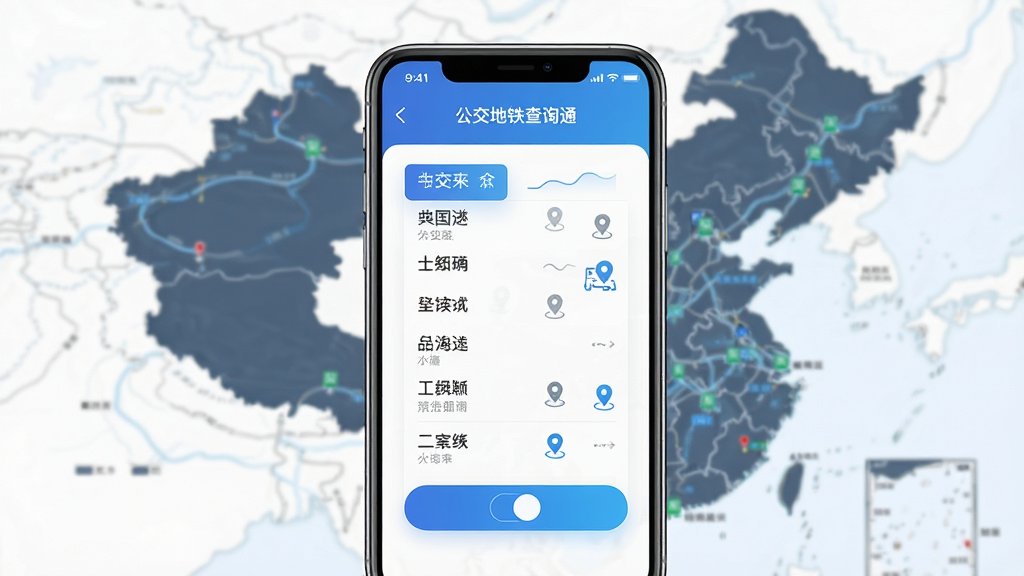 一幅展示“公交地铁查询通”多城市覆盖功能的AI生图,画面主体是手机屏幕显示城市切换列表与中国地图轮廓,布局为手机居中、地图作为背景虚化处理,排版简洁,风格为现代科技感UI风格,细节包括城市名称标签、定位图标、切换按钮,画质高清、干净、无多余元素