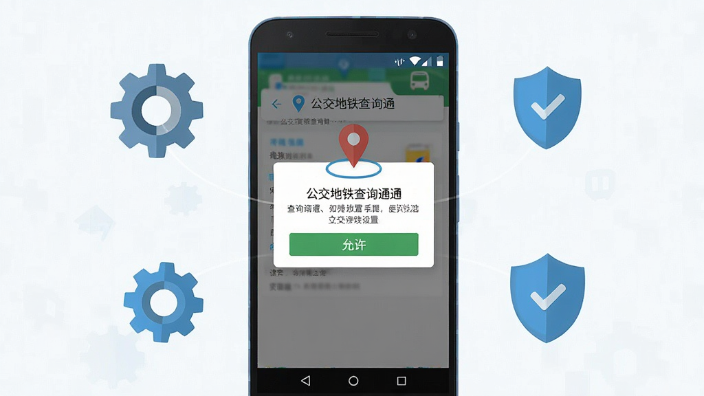 一幅展示“公交地铁查询通”手机安装与权限设置引导的AI生图,画面主体是安卓手机屏幕显示权限请求弹窗与定位图标,布局为手机居中、周围环绕设置齿轮和盾牌图标,排版简洁,风格为扁平化教程插图风格,细节包括“允许”按钮、定位符号、网络信号图标,画质高清、干净、无多余元素
