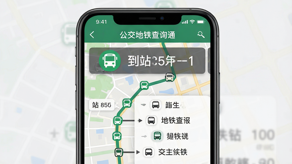 一幅展示“公交地铁查询通”实时公交功能的AI生图,画面主体是手机屏幕特写,屏幕内显示公交车图标沿路线移动、到站倒计时数字和站点名称列表,布局为手机居中占画面主要位置,排版信息层级分明,风格为写实UI风格,细节包括地图底纹、公交车小图标、时间标签,画质高清、干净、无多余元素