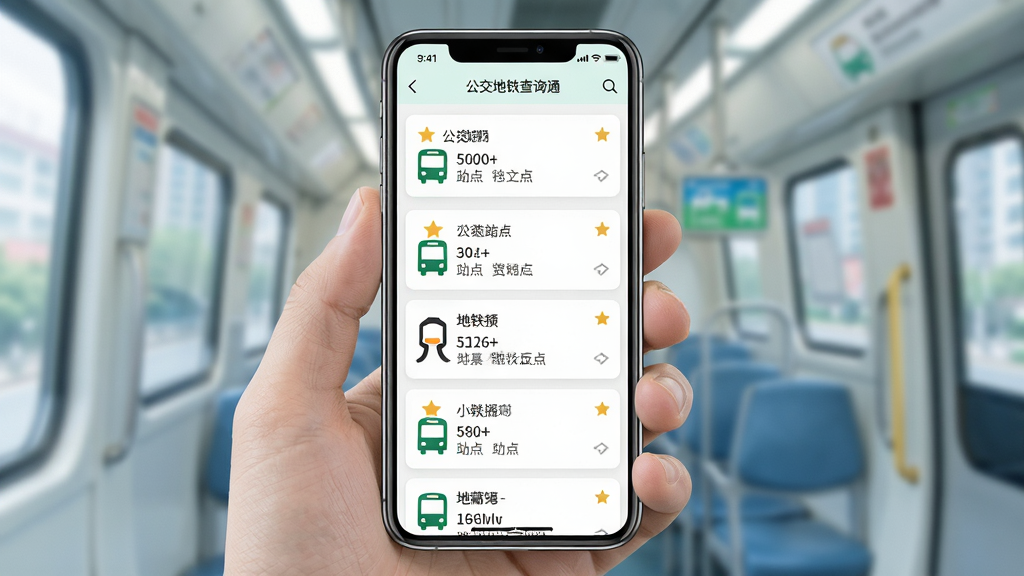 一幅展示“公交地铁查询通”收藏功能的AI生图,画面主体是手机屏幕显示收藏列表界面,包含多条公交线路和地铁站点卡片,布局为手机居中、卡片纵向排列,排版整齐,风格为清新浅色UI风格,细节包括星标图标、线路编号、站点名称,画质高清、干净、无多余元素