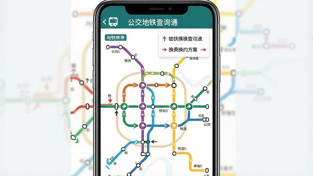 一幅展示“公交地铁查询通”地铁换乘功能的AI生图,画面主体是手机屏幕中呈现彩色地铁线路图与换乘方案卡片,布局为手机居中、线路图占据屏幕大部分区域,排版清晰,风格为扁平化信息图表风格,细节包括不同颜色的地铁线路、换乘站圆形标记、方向箭头,画质高清、干净、无多余元素