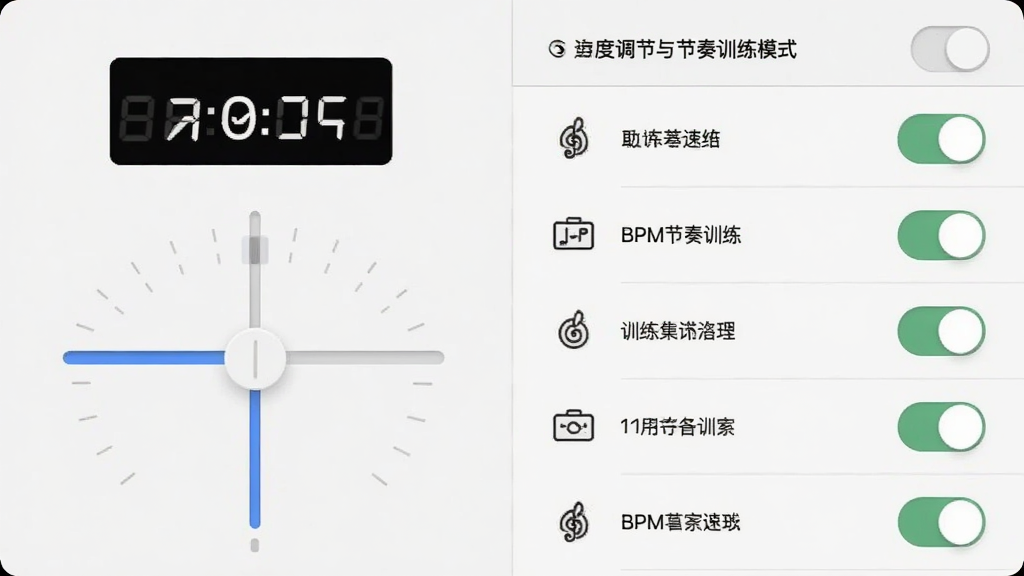一张节拍器Studio速度调节与节奏训练模式界面的截图,画面左侧为速度调节滑块,右侧为节奏训练模式开关列表,布局为左右分栏,风格为简约现代,细节包括BPM数值显示和训练模式图标,画质清晰,干净,无多余元素