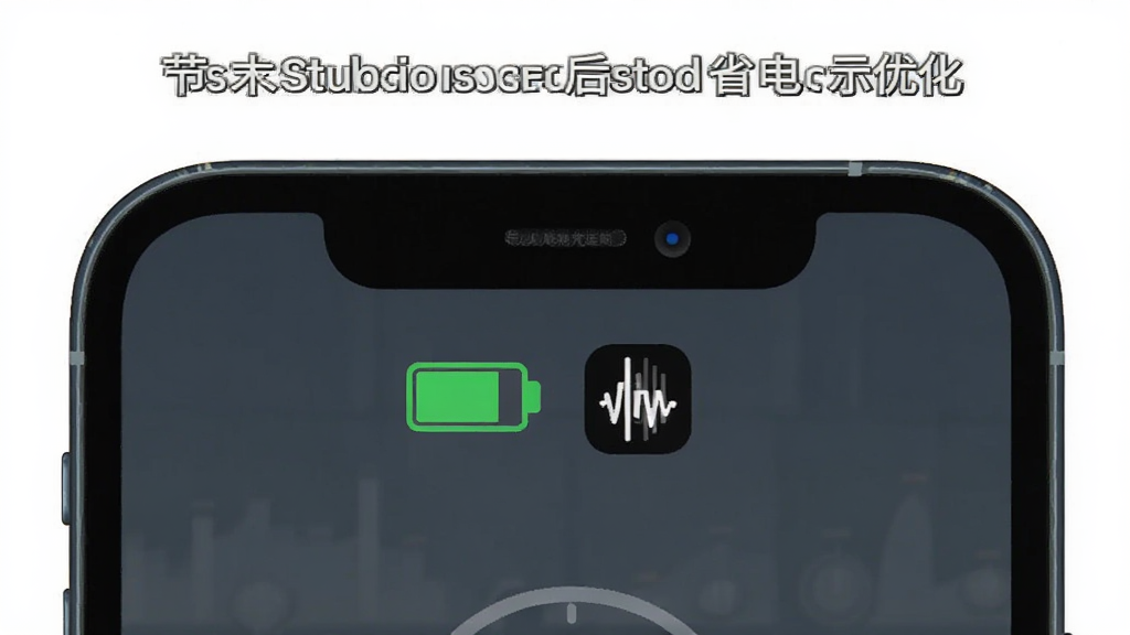 一张节拍器Studio后台运行省电优化的示意图,画面主体是手机屏幕显示节拍器在后台运行的状态栏图标,布局为手机正面特写,风格为清爽简洁,细节包括电池图标和节拍器小图标并列显示,画质清晰,干净,无多余元素