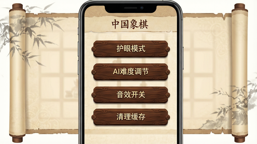 一幅手机屏幕界面示意图,画面展示“中国象棋”APP的设置菜单页面,包含“护眼模式”“AI难度调节”“音效开关”“清理缓存”等选项按钮,界面采用仿古卷轴风格,底色为浅米色,按钮为深棕色木质纹理,排版清晰,风格简约,细节丰富,画质清晰,干净,无多余元素
