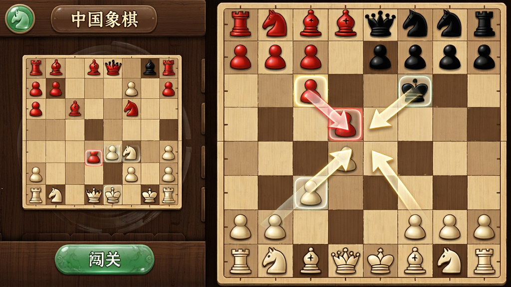 一幅横版游戏界面截图风格图,画面左侧是“中国象棋”APP的残局闯关列表界面,右侧是棋盘上红黑双方激烈对弈的特写,棋盘上有高亮箭头指示走法,背景是深木色纹理,界面按钮带有玉石质感,排版清晰,风格写实,细节丰富,画质清晰,干净,无多余元素