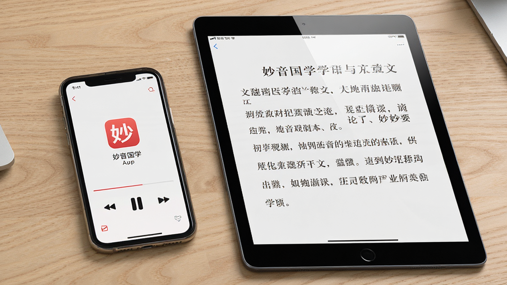 一张展示妙音国学App在手机与平板设备上同步使用的场景图,画面主体为一部手机和一台平板并排摆放,手机显示播放界面,平板显示原文阅读界面,背景为整洁的木质桌面,风格为现代数码产品展示风,细节包含设备边框、屏幕反光、桌面纹理,画质清晰干净,无多余元素。