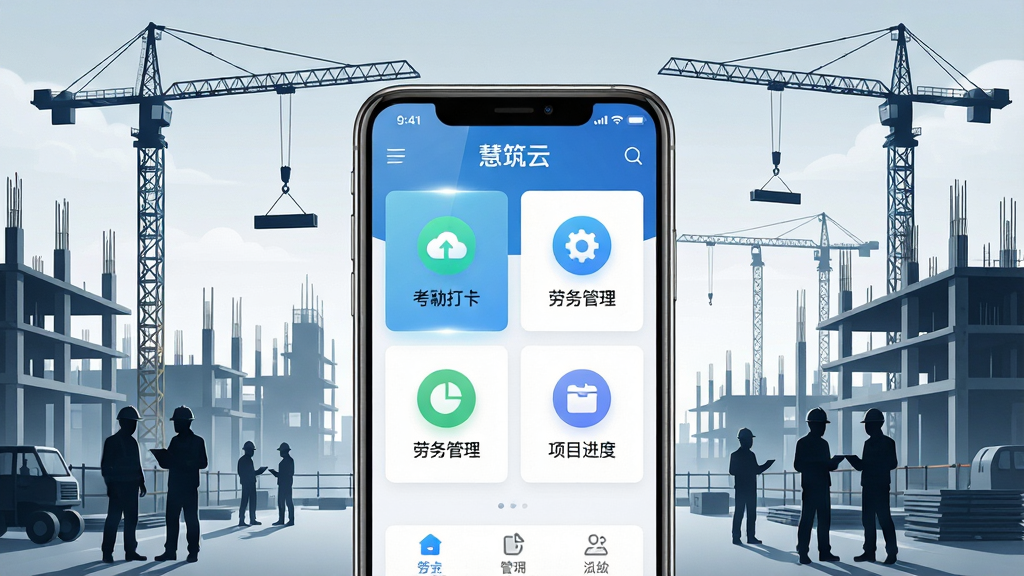 一张展示建筑工地数字化管理场景的图片,画面中央放置一部智能手机,手机屏幕上显示“慧筑云”应用界面,界面中包含考勤打卡、劳务管理、项目进度等模块图标,背景为现代建筑工地,有塔吊和施工人员剪影,整体布局手机居中、工地环绕,风格为写实科技风,细节包括屏幕高光、图标清晰可见、工地环境整洁有序,画质高清、干净、无多余元素