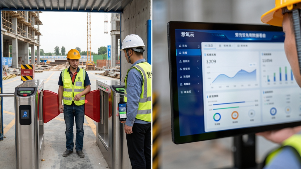 建筑工地入口处设置人脸识别闸机,工人依次刷脸进入,旁边有管理人员手持手机查看“慧筑云”劳务实名制数据看板,画面布局左侧为闸机通道、右侧为数据看板特写,风格为写实纪实风,细节包括工人安全帽、反光背心、屏幕数据清晰,画质高清、干净、无多余元素
