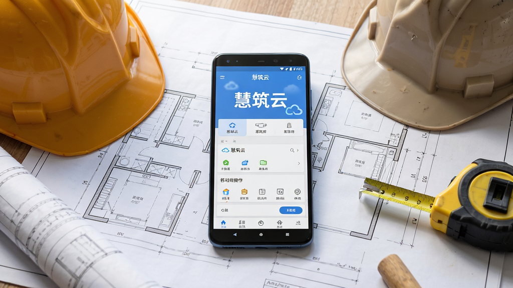 一部安卓手机放置在建筑图纸上,屏幕显示“慧筑云”移动端操作界面,周围有安全帽、卷尺等工地物品,画面布局手机居中、物品散落四周,风格为写实静物风,细节包括屏幕界面清晰、物品质感真实、光线自然,画质高清、干净、无多余元素