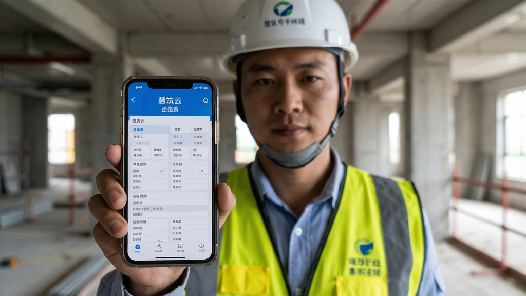 一名安全员在建筑楼层内使用手机拍摄施工质量问题,手机屏幕显示“慧筑云”巡检表单,画面布局人物居中、手机屏幕特写突出,风格为写实工作场景风,细节包括安全帽、反光背心、手机界面清晰,画质高清、干净、无多余元素