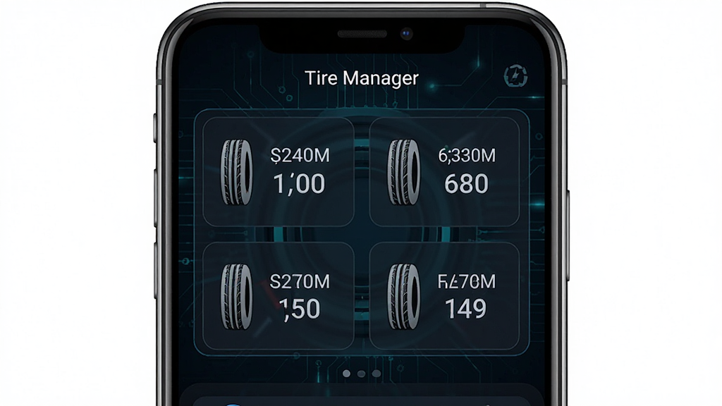 一张展示Tire Manager软件主界面的手机屏幕截图,画面中央是轮胎胎压监测仪表盘,四个轮胎图标分别显示实时胎压数值,背景为深色科技风格,界面干净整洁,文字清晰标注