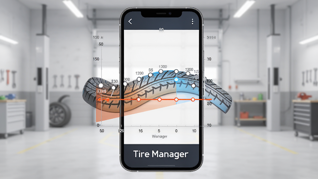一张展示Tire Manager磨损分析功能的AI生图,画面主体为手机屏幕显示轮胎花纹深度折线图,图表下方有