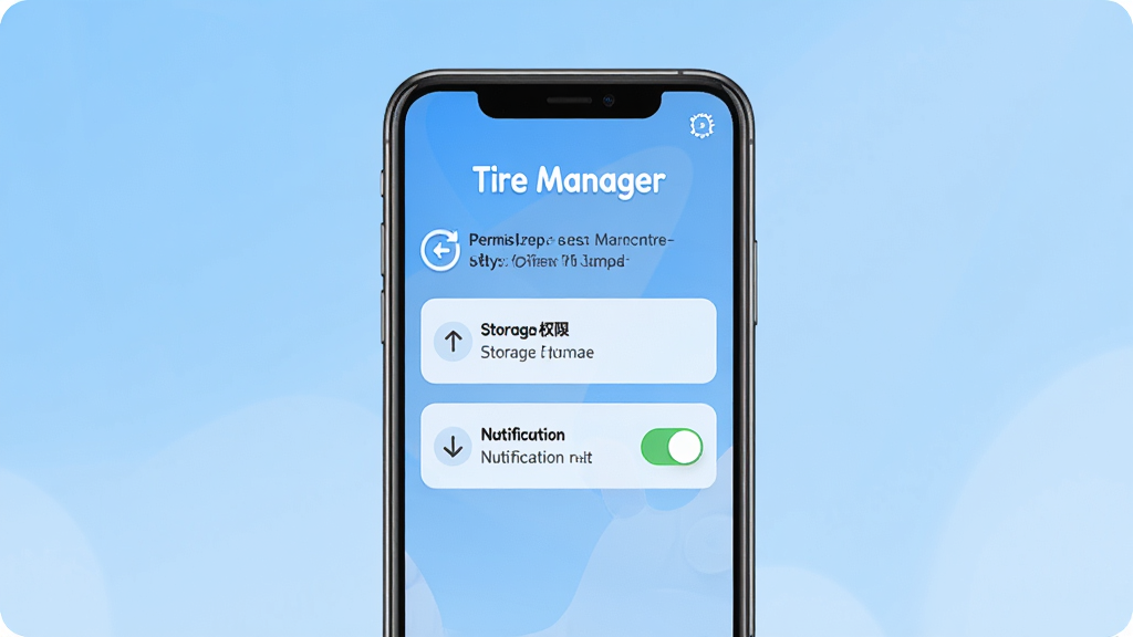 一张展示Tire Manager新手设置界面的AI生图,画面主体为手机屏幕显示权限开启引导页,包括存储权限和通知权限开关,背景为浅蓝色渐变,布局清晰,风格友好新手向,细节包括