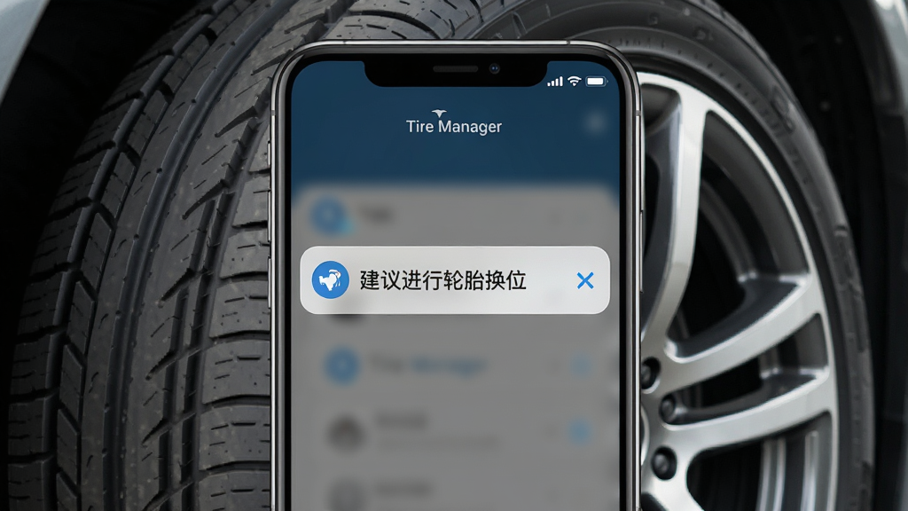 一张展示Tire Manager换位提醒功能的AI生图,画面主体为手机弹出通知界面,通知内容为