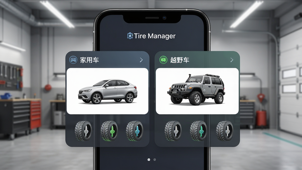 一张展示Tire Manager多车辆管理功能的AI生图,画面主体为手机屏幕显示两个车辆卡片,分别标注