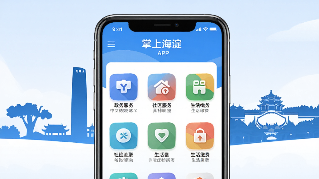 掌上海淀APP主界面展示图,画面中央是一部智能手机,屏幕上清晰展示着掌上海淀应用的首页界面,包含政务服务、社区服务、生活缴费等彩色功能图标,背景是北京海淀区地标建筑剪影如中关村、颐和园等元素,整体风格简洁现代,配色以蓝色和白色为主,画质清晰干净,无多余元素