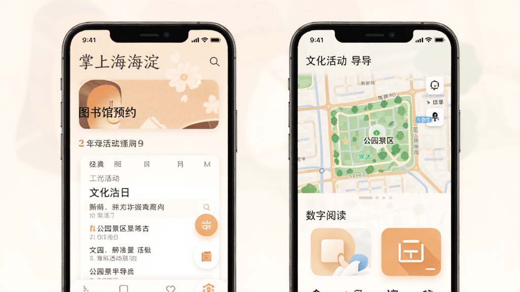 掌上海淀文化休闲功能界面图,手机屏幕显示图书馆预约界面和公园景区导览地图,有文化活动日历和数字阅读入口,风格文艺清新,配色柔和温暖,画质清晰干净,无多余元素