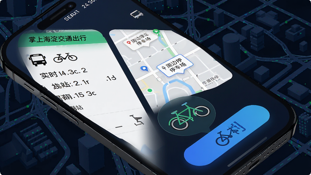 掌上海淀交通出行功能界面图,手机屏幕显示实时公交到站信息和周边停车场地图,有自行车租赁图标和路线规划按钮,背景是城市交通路网抽象图案,风格科技感十足,画质清晰干净,无多余元素