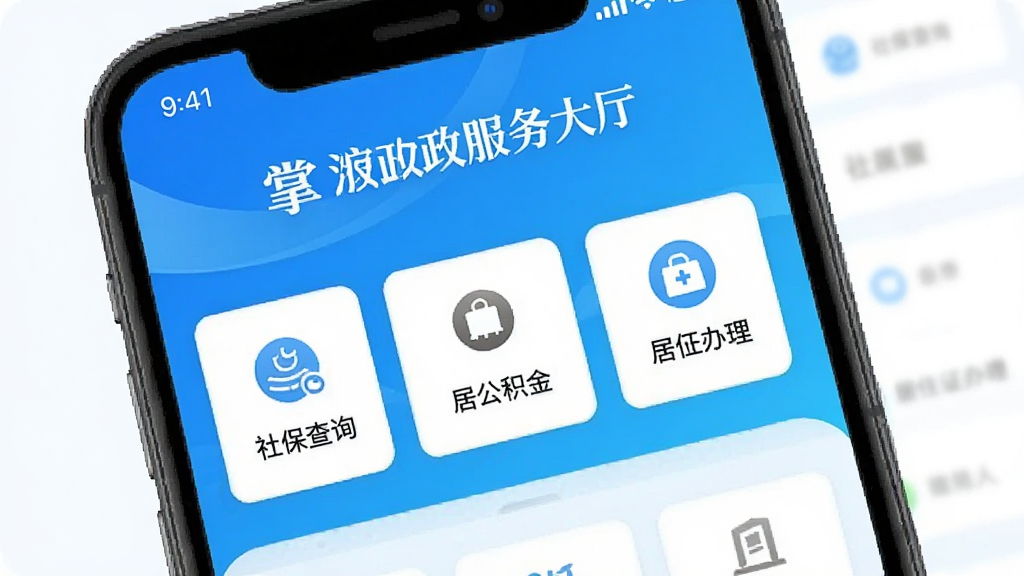 掌上海淀政务办事功能界面截图,手机屏幕显示政务服务大厅页面,有社保查询、公积金、居住证办理等清晰的功能入口按钮,背景是明亮的蓝色渐变,界面设计整洁有序,画质清晰干净,无多余元素