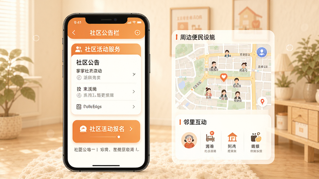 掌上海淀社区服务功能展示图,画面展示手机屏幕上的社区公告栏和周边便民设施地图,有社区活动报名入口和邻里互动板块,风格温馨友好,色彩以暖色调为主,画质清晰干净,无多余元素