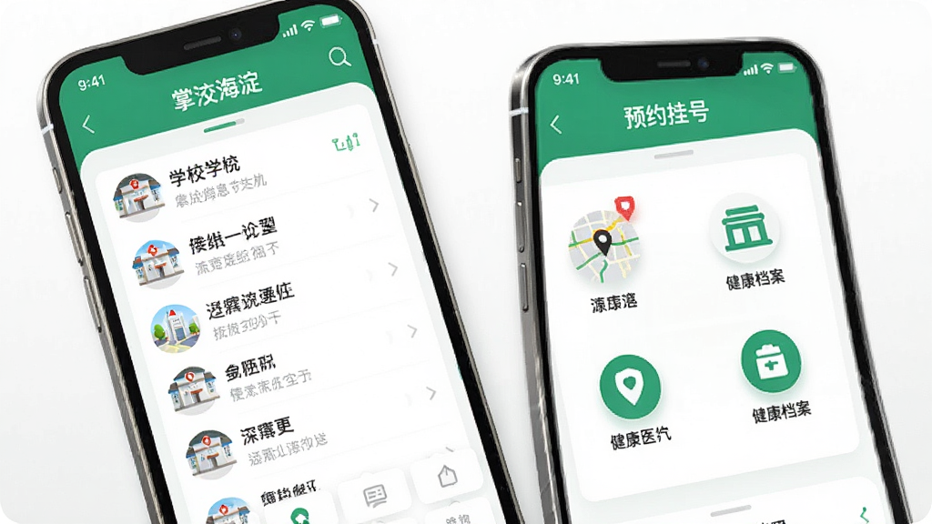 掌上海淀教育医疗功能展示图,手机屏幕上显示学校信息列表和医院预约挂号界面,有地图导航和健康档案图标,风格清新专业,配色以绿色和白色为主,画质清晰干净,无多余元素
